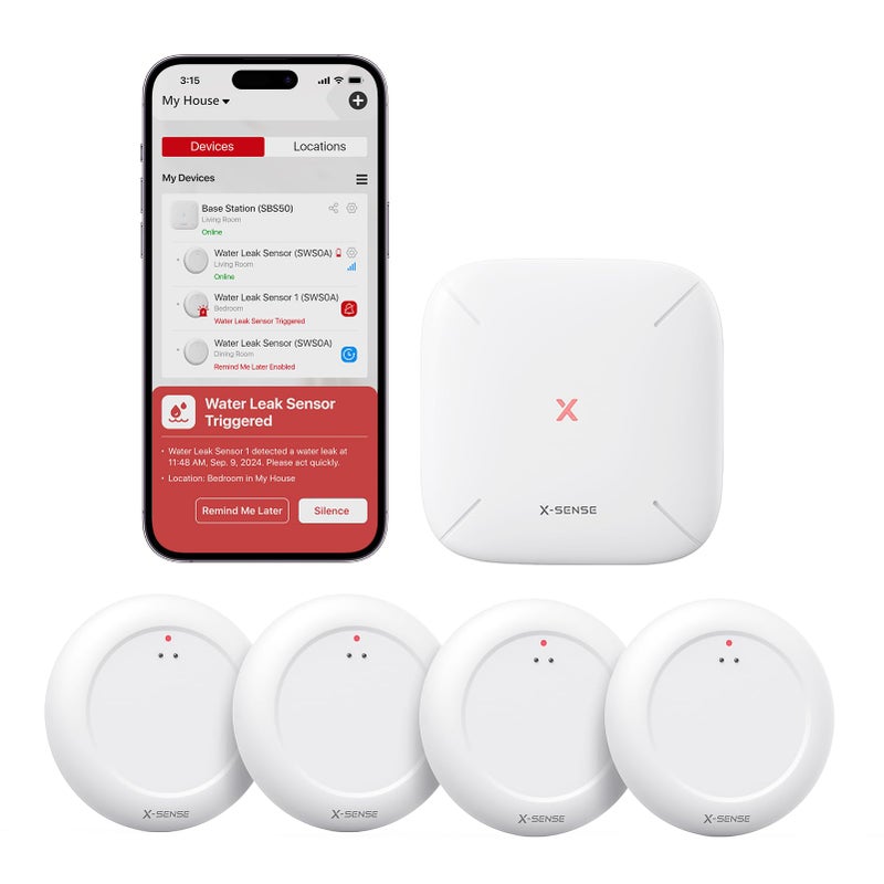 اكس سينس مجموعة كاشف تسرب المياه X-Sense Wi-Fi، إنذار مستشعر المياه الذكي مع تنبيهات التطبيق وتصميم نحيف للغاية، كاشف تسرب إنذار المياه للأقبية، 4 أجهزة استشعار للمياه ومحطة قاعدة واحدة، موديل SWS0A41 - Image 1